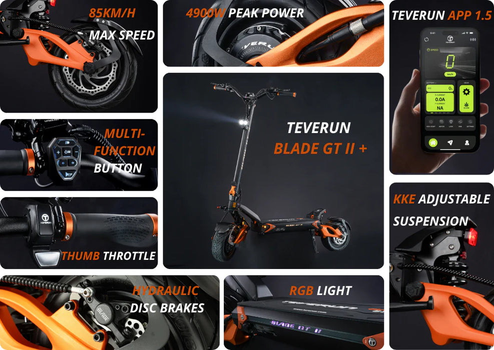 Teverun, Blade GT II+, Trottinette Électrique (60 Volts) (35Ah) (2x1500 Watts) (2x2400 Watts/Peak) (4900 Watts/Peak Total)