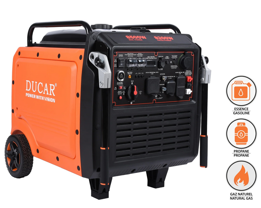 DUCAR, Génératrice à Onduleur 8500W, (DUEDLNG8750ISR) (16CV) (457cc) (Tri Fuel: Propane, Essence, Gaz Naturel)