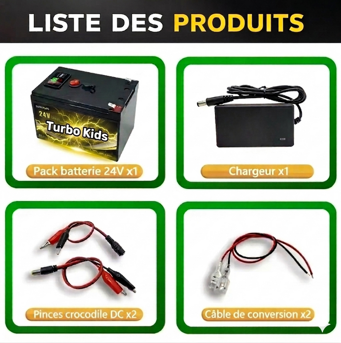 Ensemble de Mise à Niveau de Voiture pour Enfant, Batterie (24 Volts) (12Ah) (Grade A) au Lithium avec Chargeur et Adapteurs
