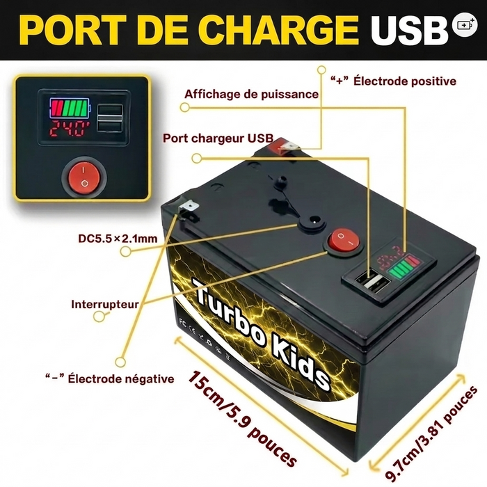 Ensemble de Mise à Niveau de Voiture pour Enfant, Batterie (24 Volts) (12Ah) (Grade A) au Lithium avec Chargeur et Adapteurs
