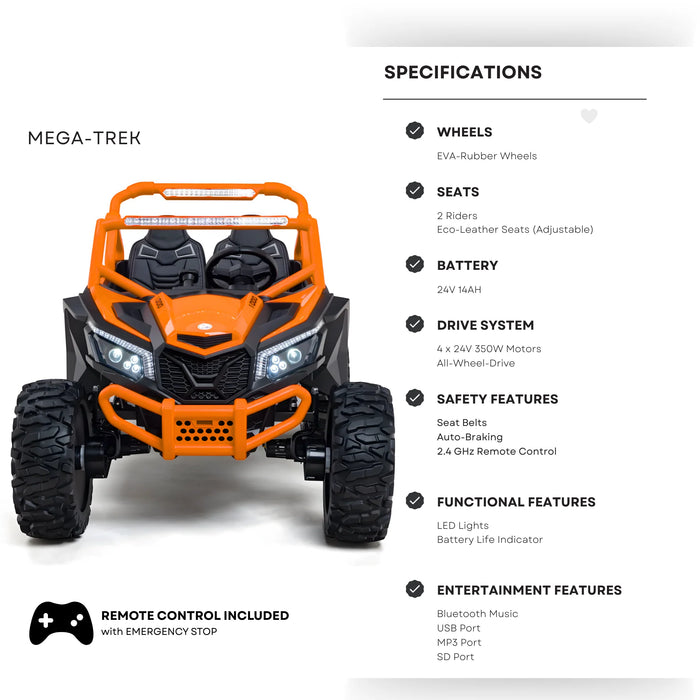 Buggy UTV Premium Megatrek XXL (Batterie 24 Volts) (14Ah) (Moteurs 4x350 Watts) (2 Places)