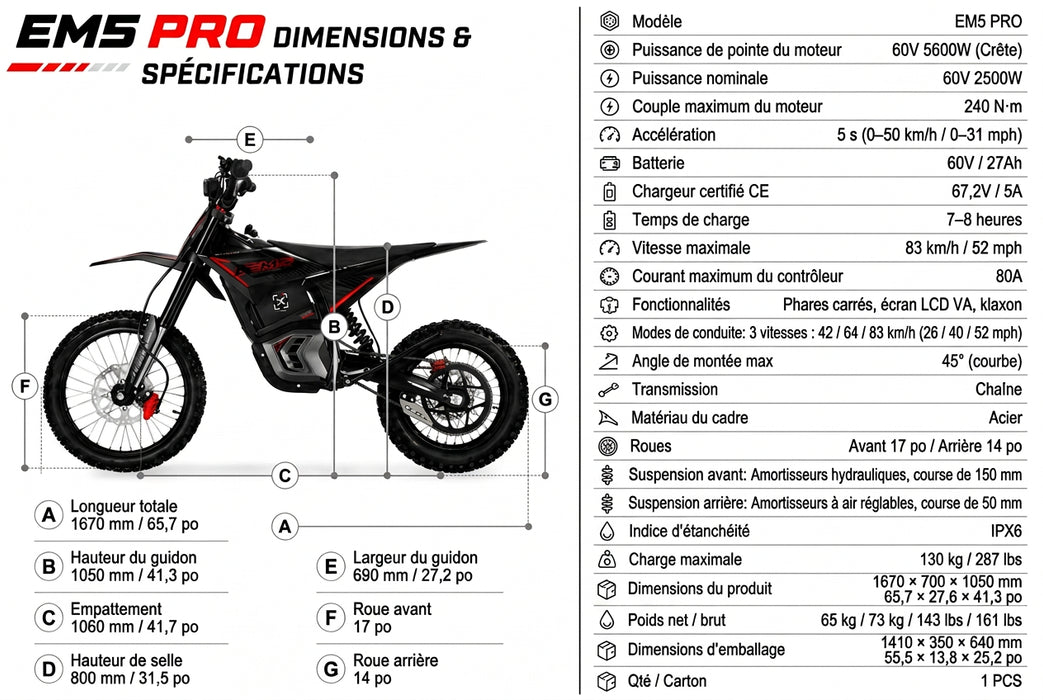 Valtinsu, EM5 Pro, Motocross Électrique (60 Volts) (27Ah) (2500 Watts) (5600 Watts Crête)